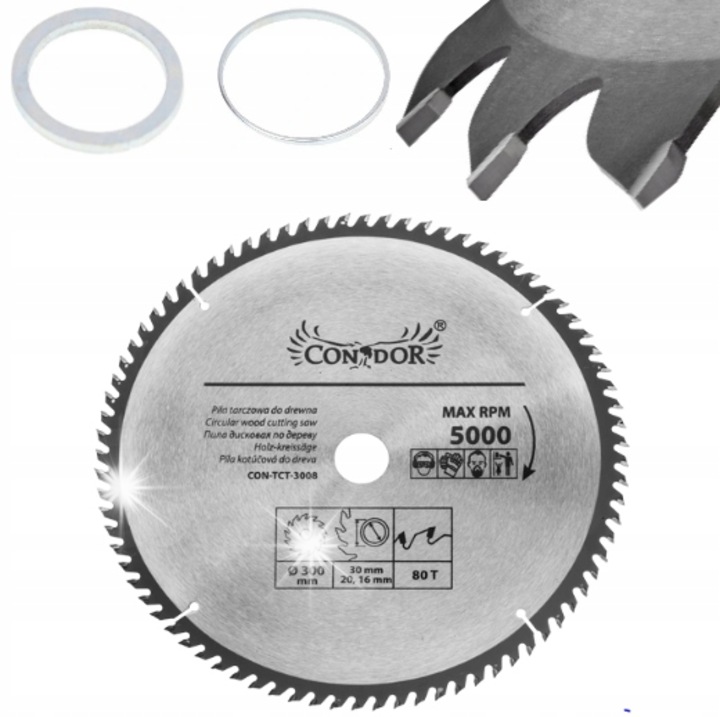 Pila circulara DRL 300x30mm 80T pentru taierea lemnului, set cu reduceri 20mm si 16mm