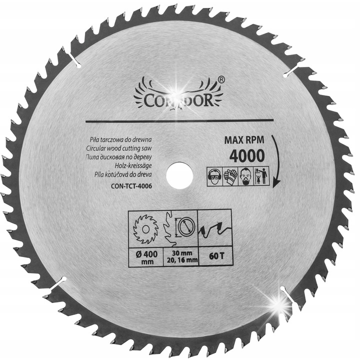 Tarcza Condor 400mm 60T pentru taiere lemn, otel de inalta calitate, diametru deschidere 30mm