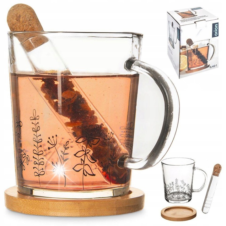 Set ceainic din sticla cu infuzor si suport din bambus, Orion, 400ml, transparent, 9x10cm
