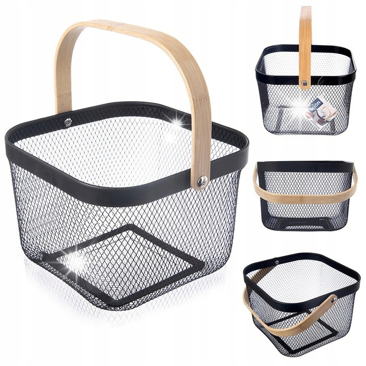 Cos metalic de depozitare pentru fructe si legume, Orion, 27x24,5x17,5cm, negru, cu manere din bambus