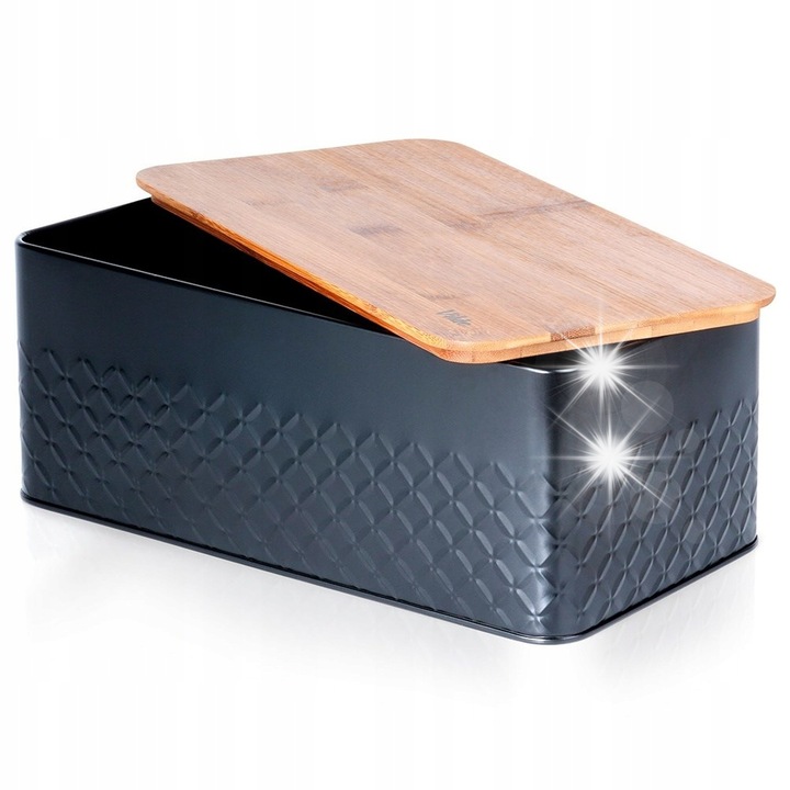 Кутия за храна Vilde, метална черна, размери 33,5x18,5x12,5см, с дървен капак