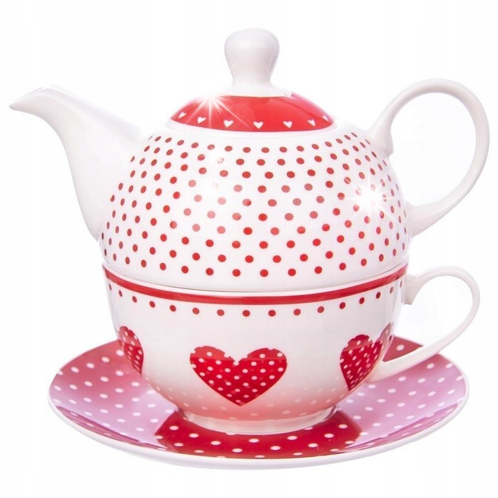 Чайник с чаша и чинийка, Orion, 380мл, 340мл, бял на точки, 17x11x12см, 13,5x10,5x6см, 15,5x15,5x2см