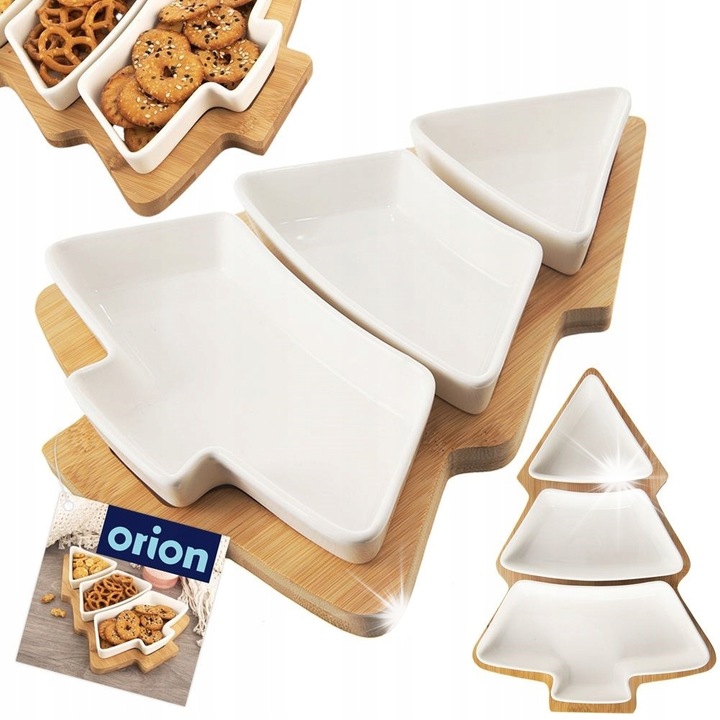 Set de 3 boluri pe tava din bambus in forma de brad, Orion, alb, 28x20x4cm