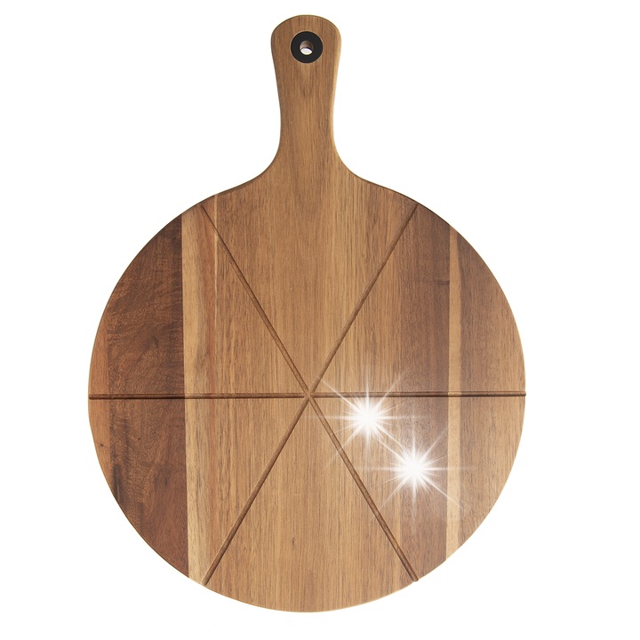 Tacatoare de bucatarie, Orion, servire si taiere pizza, 43,5x32x1,5cm, din lemn, cu manere, culoare maro