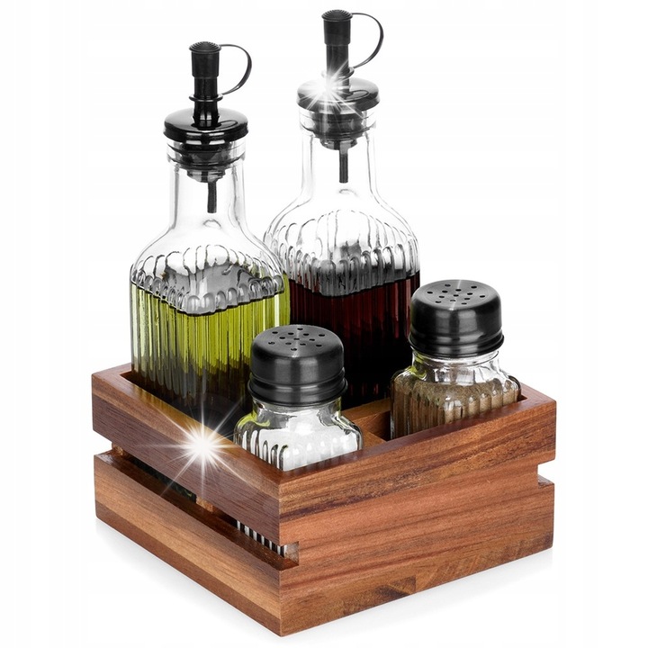 Set dozatoare condimente cu suport, 2 sticle pentru ulei si otet, 2x 190 ml, 2x 60 ml, transparent, 13x13x19,5 cm