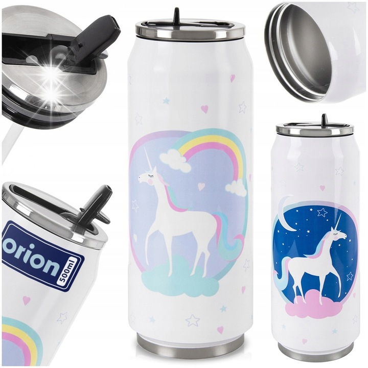 Cana termica PUSZKA Orion, 500ml, multicolor, 7x19cm, cu capac si pai, design unic cu unicorn