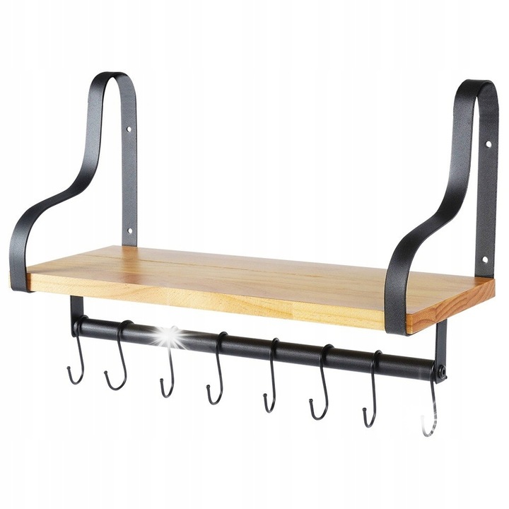 Fali polc kampókkal, Vilde, 43x18x26cm, fekete, fából