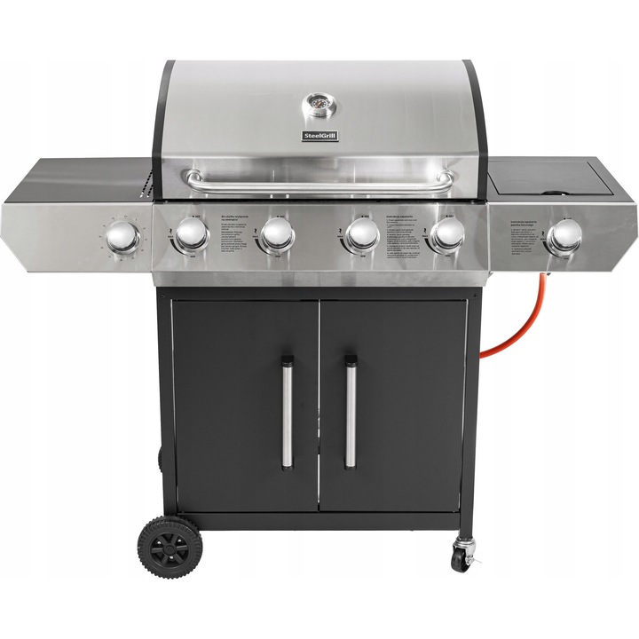 Газов грил от неръждаема стомана с 4+1 горелки, 21,6 kW + 3 kW, чугунена скара, с термометър