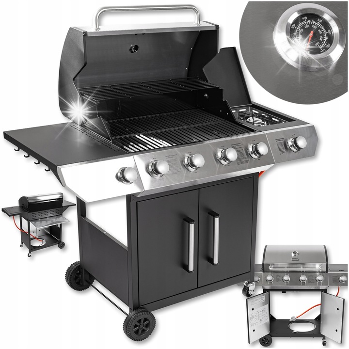 Газов грил от неръждаема стомана с 4+1 горелки, 21,6 kW + 3 kW, чугунена скара, с термометър