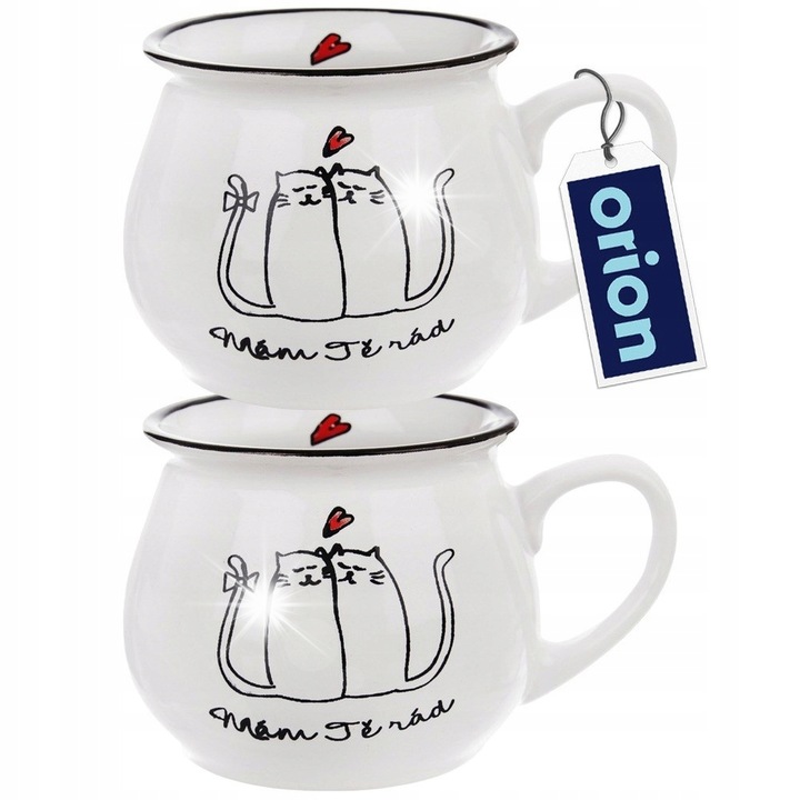 Set 2 cani ceramice Orion, design pisici, 300 ml, alb, 13x9,5x8 cm