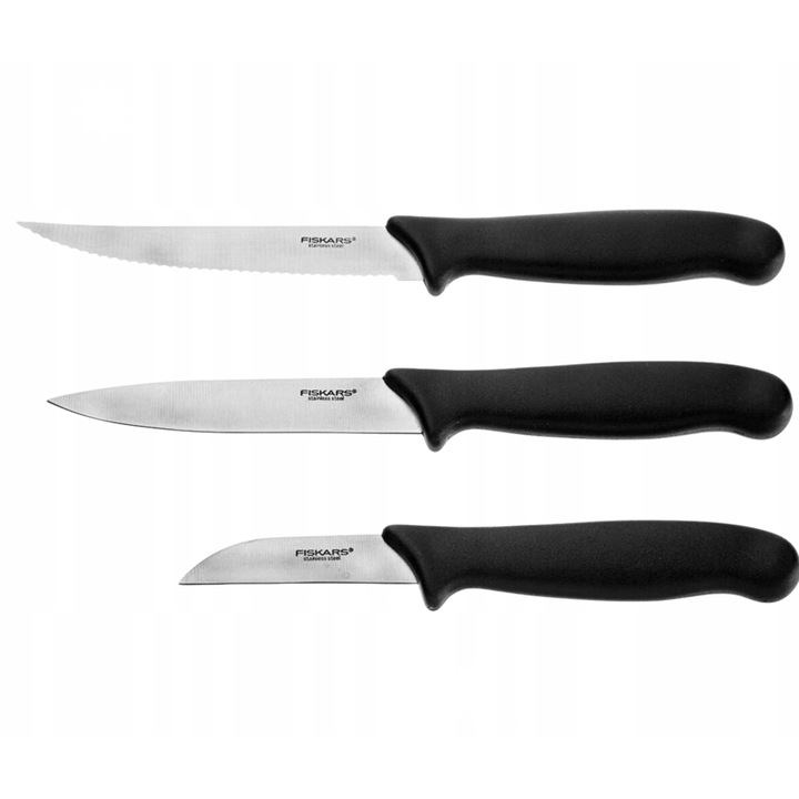 Set 3 cutite Fiskars Essential, cutit pentru curatat, cutit de curatare, cutit de mic dejun, inox, 7x11x12cm, negru/silver