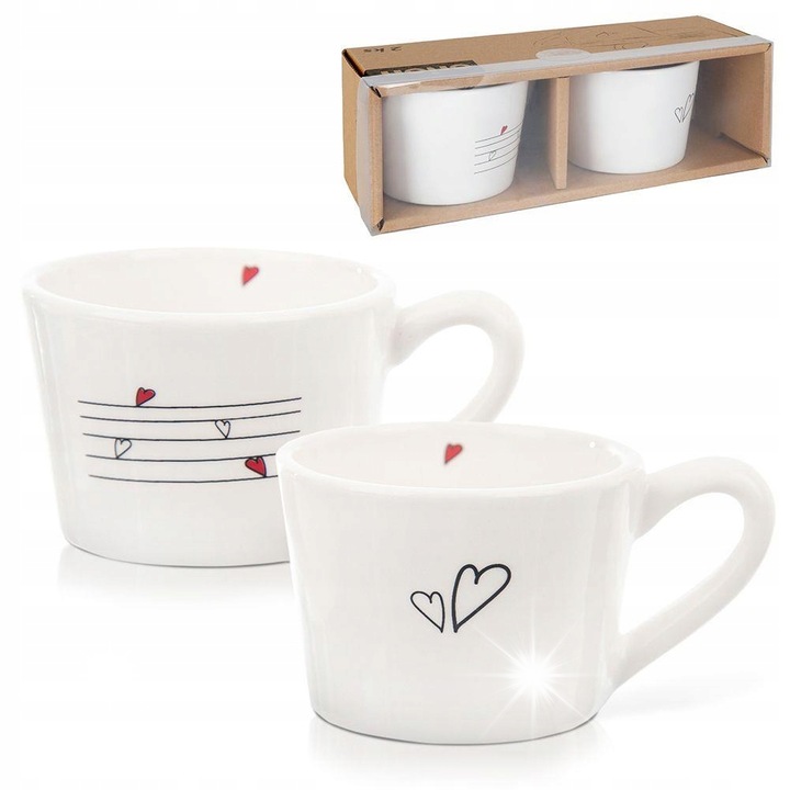 Set 2 cani ceramice albe cu motive de inimioare, 210 ml, Orion