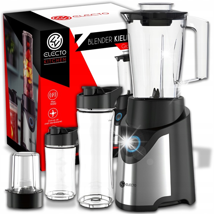 Blender cu bol din sticla Electo, 900W, 3 bidonuri, taie gheata, 600ml