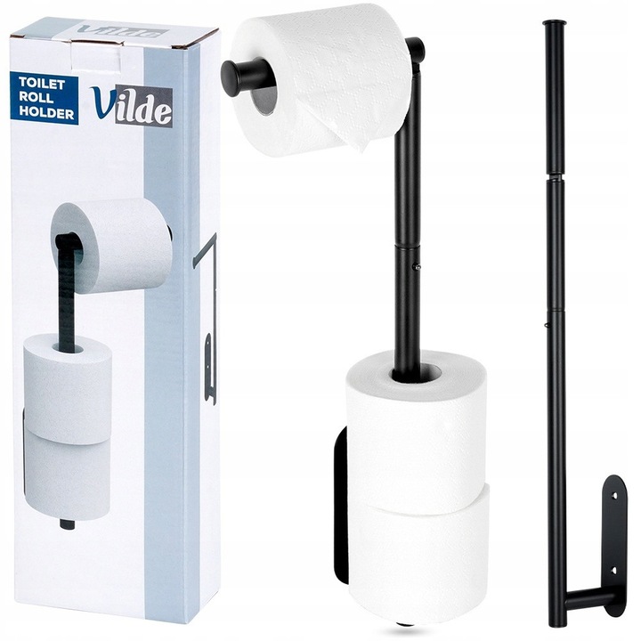 Suport Pentru Hartie Igienica Si Role De Rezerva 2 In 1, Vilde, Minimalist Din Otel Inoxidabil, Inaltime 46.5-60 cm, Organizator Baie Cu Capacitate Pentru 5 Role, Fixare Pe Perete Cu Banda Adeziva 3M Fara Gaurire Sau Suruburi Incluse, Negru Mat