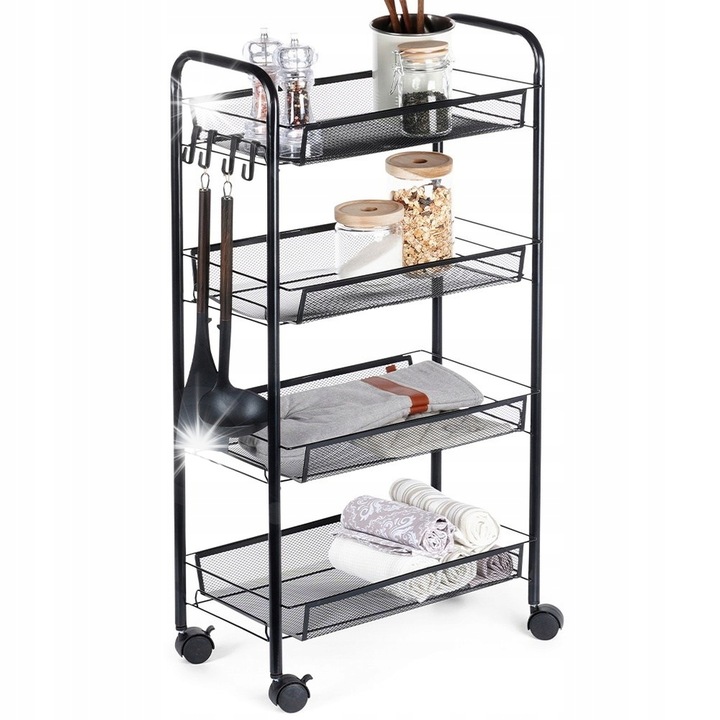 4 szintes mobil polc, fekete, 44x26x84cm, kerekekkel, konyhába és fürdőszobába