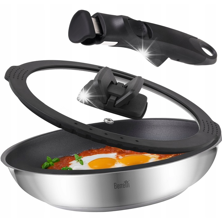 Комплект тигани Berretti, неръждаема стомана, стъклен капак, подвижна дръжка, 22см