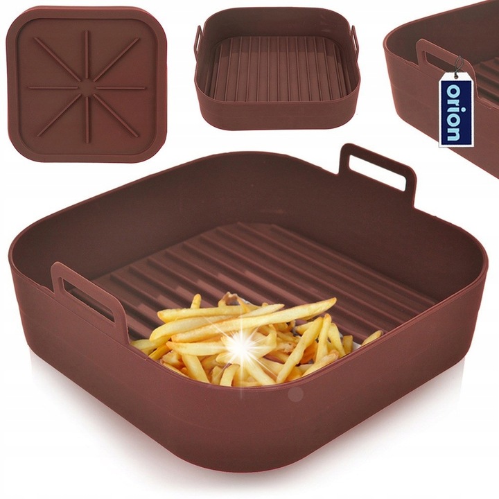 Suport siliconic pentru friteuza Air Fryer, 17,5x17,5x6,5cm, maro, reutilizabil