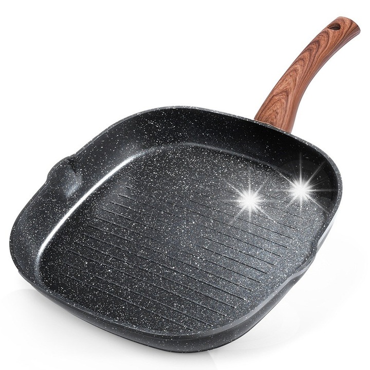 Tigaie grill granitata patrata 28x28 cm, neagra, cu doua varfuri de turnare