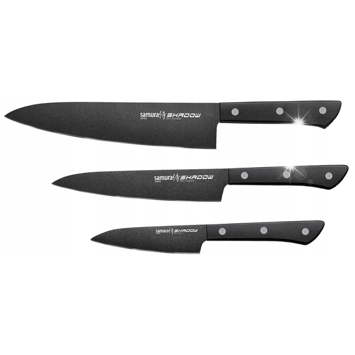 Set 3 cutite Samura Shadow, inox AUS-8, negru, 20.8x12x9.9cm