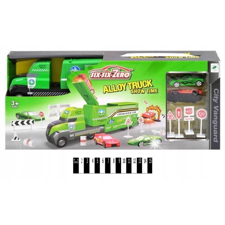 Játék teherautó parkolóval, 42,5x7,5x19 cm, zöld, szett
