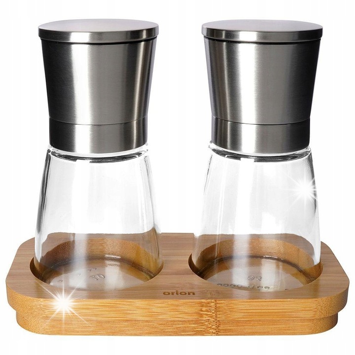 Set 2 Mlynki pentru Sare si Piper cu Stativ din Bambus, Orion, Multicolor, 17x9x14,5cm
