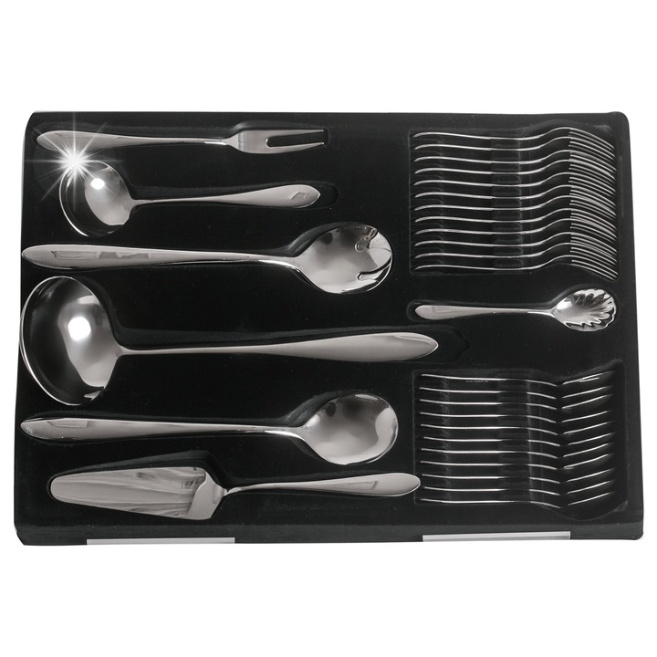 Set tacamuri Gerpol Mona 68 piese, inox 18/10, finisaj lucios, valiza ecologica, 12 lingurite latte