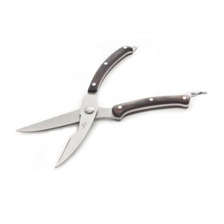 Foarfeca bucatarie Gerlach 25 cm, inox, maner din lemn, argintie, pentru taiat carne si oase