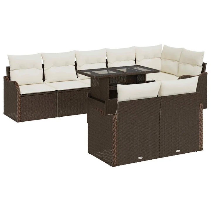 Set lounge exterior vidaXL, 9 persoane, rattan sintetic, cu masa si coltare, maro