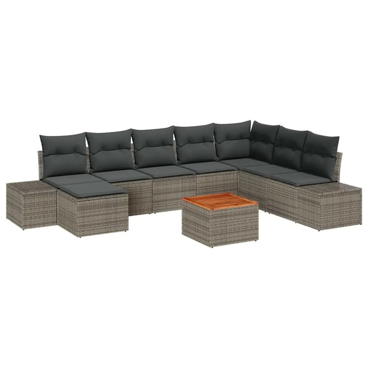 Set de canapele pentru gradina cu perna vidaXL, 9 pcs Gri Rattan poli