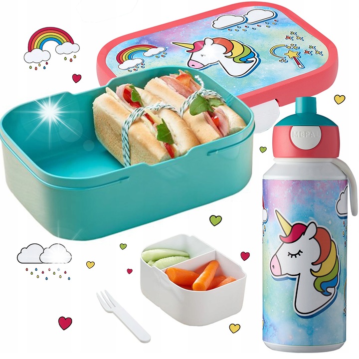 Iskolai készlet, Mepal, kulacs és uzsonnás doboz, egyszarvúak, 750ml + 400ml, többszínű, 17.80x13.20x6.10cm + 6.40x7.00x18.40cm