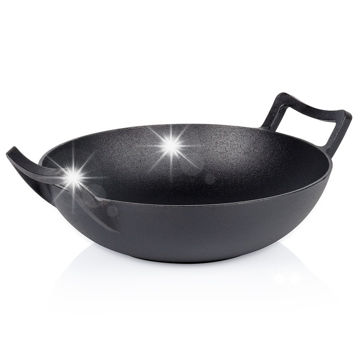Уок тиган от чугун, 32 см, с дръжки, черен, комплект