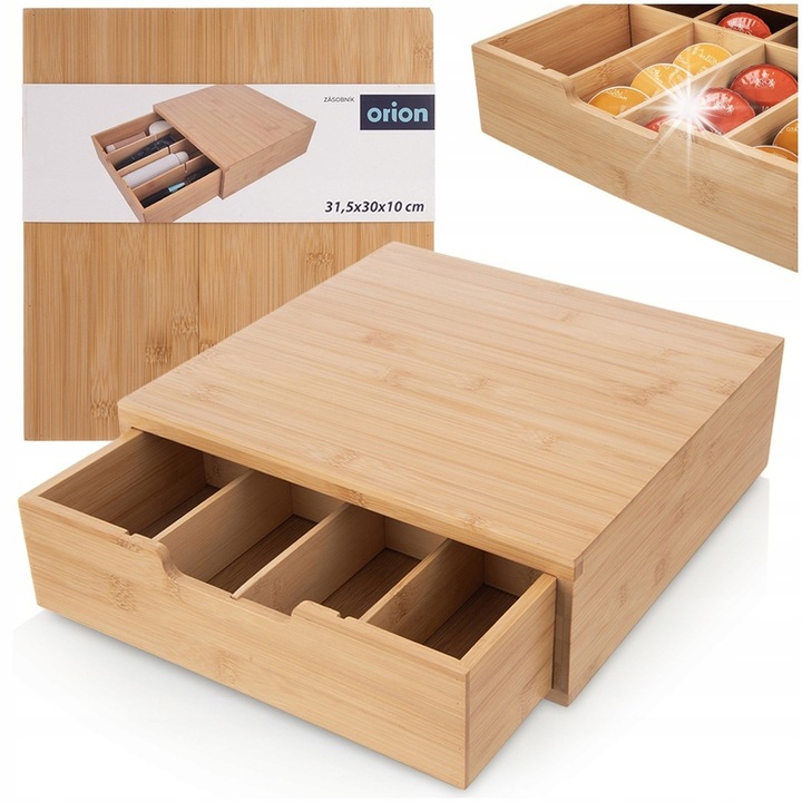 Органайзер за кафе капсули, Orion, бамбукова кутия, със чекмедже, 30x15x10см