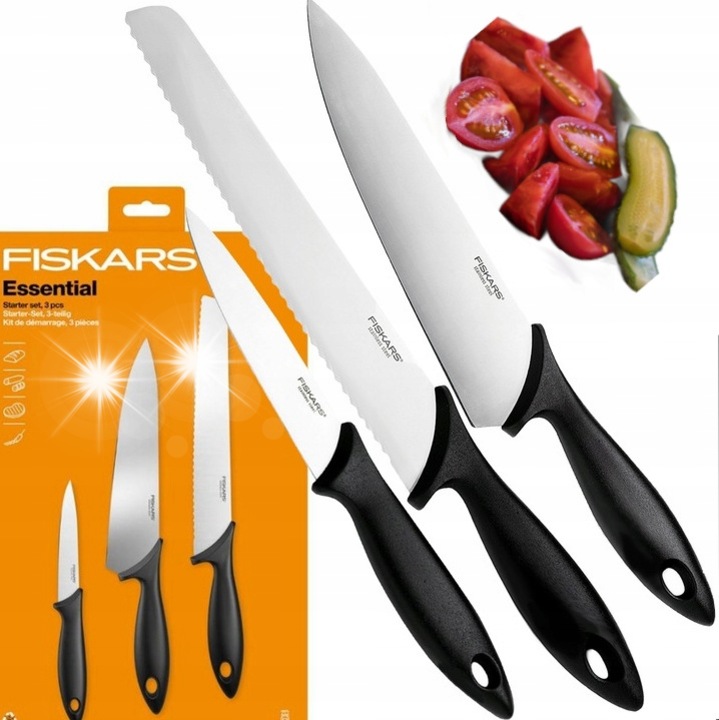 Set 3 cutite de bucatarie Fiskars Essential, inox, ergonomic, 11x21x23cm