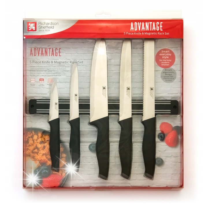 Set 5 cutite de bucatarie, AMEFA, otel inoxidabil, manere ergonomice, negru, 33x3.5cm