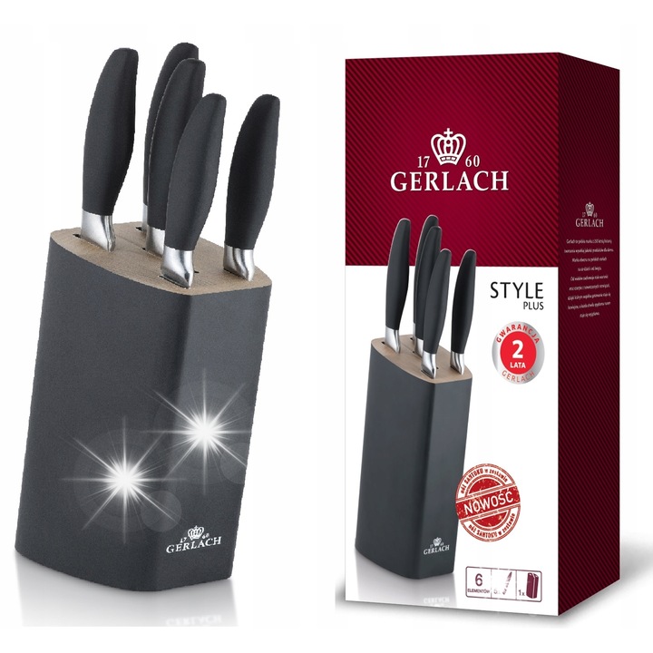 Set de 6 cutite de bucatarie Gerlach Style Plus, inox, bloc din lemn de fag, negru