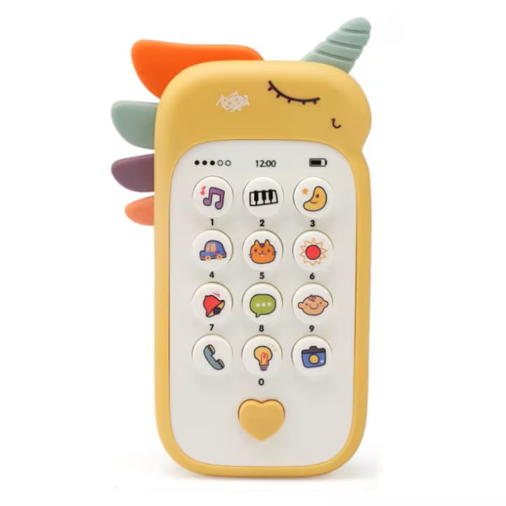 Jucarie interactiva copii, SuooTci, telefon mobil simulativ, galben, 12 functii, 5.51x3.14x1.18 in, pentru dezvoltarea coordonarii mana-ochi