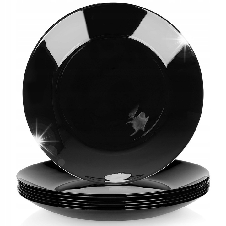 6 db lapos tányér készlet, 25,5x25,5cm, fekete üveg, elegáns design