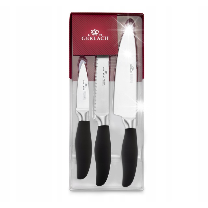 Set 3 cutite de bucatarie Gerlach Style, inox, manere antiderapante, 3,5'' + 8'' + 8''