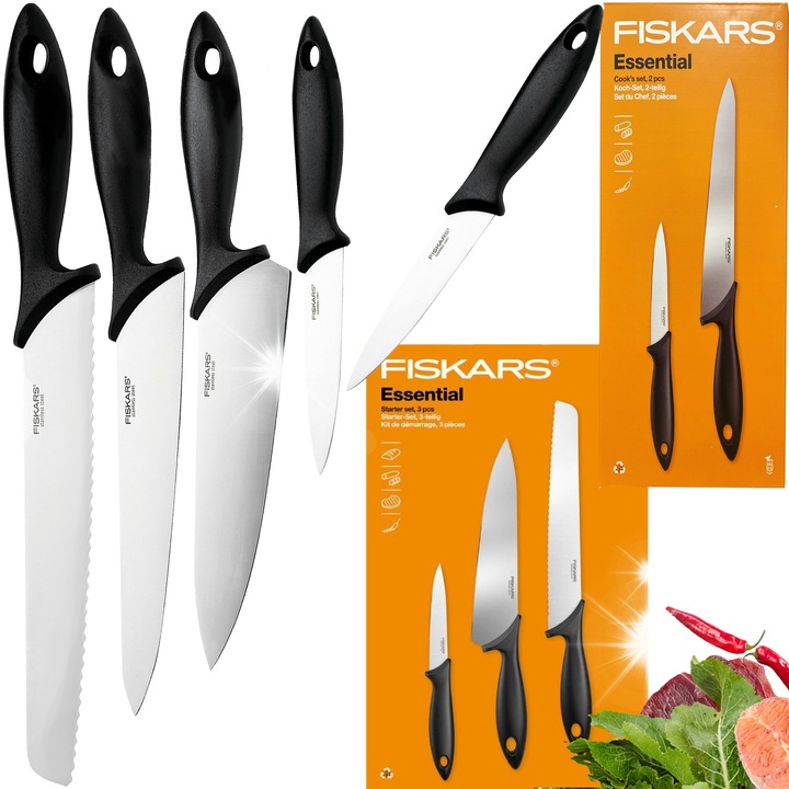 Set de 5 cutite de bucatarie Fiskars Essential, inox, ergonomic, usor de curatat