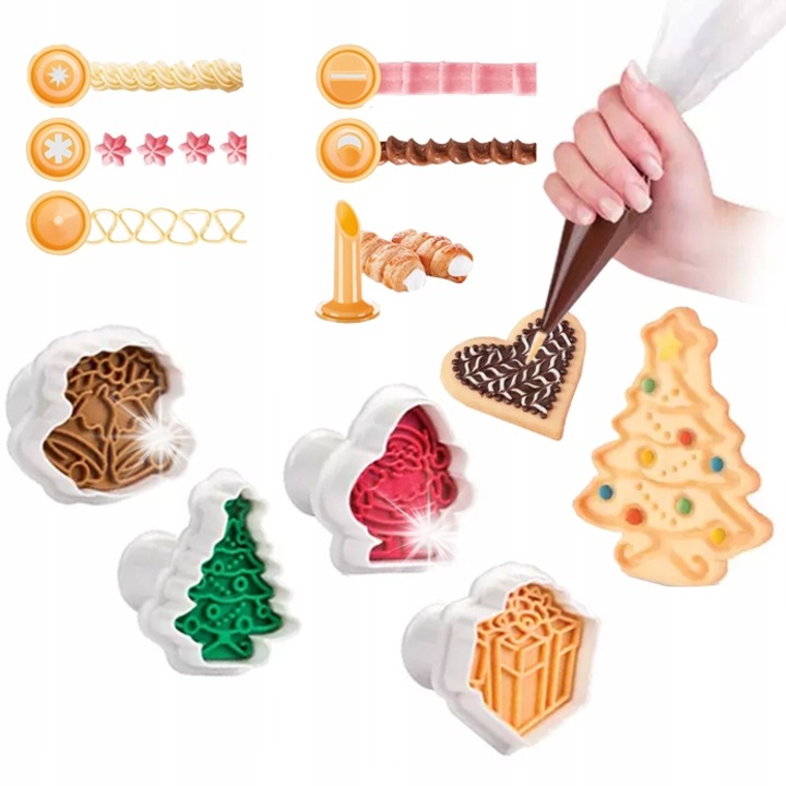 Set ustensile decorare prajituri, Tescoma, 4 forme Craciun, 5 pungi cu mini duza, plastic, 30cm