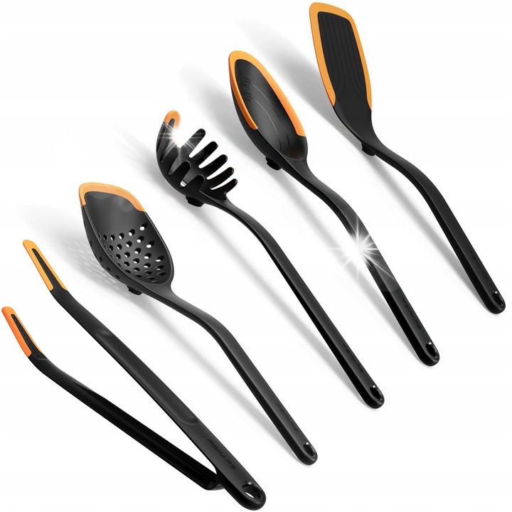 Set ustensile de bucatarie Fiskars, 5 piese, silicon, negru-portocaliu