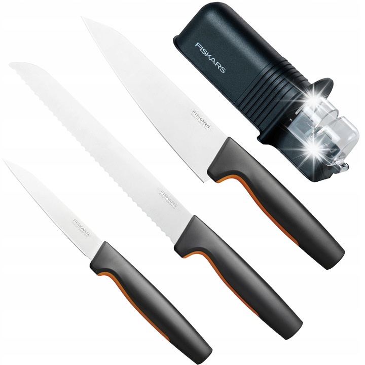Комплект Fiskars 3 ножа Functional Form + точило, неръждаема стомана, черен, 4 елемента