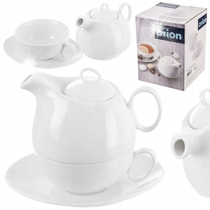 Set ceainica din portelan cu cana si farfurie, Orion, 600ml, alb, 17x12x12cm