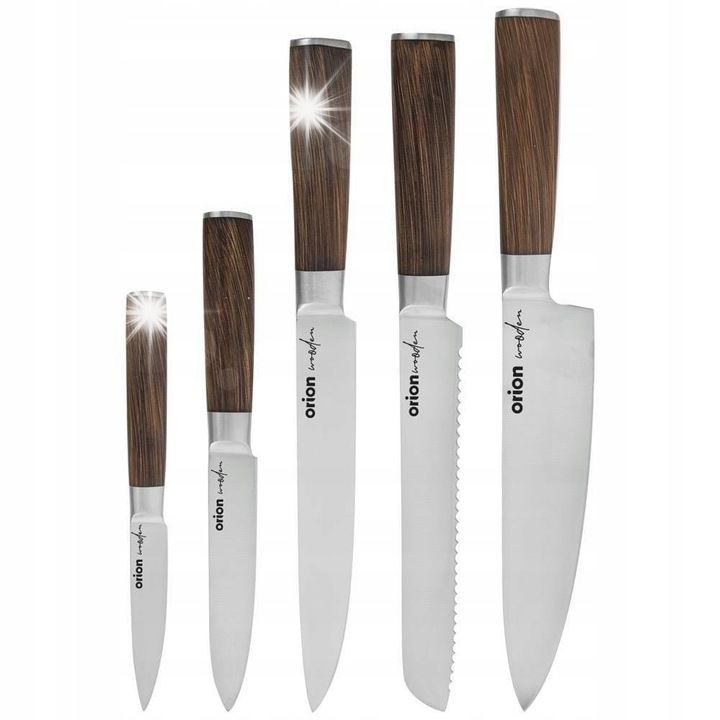 Set 5 cutite de bucatarie Orion WOODEN, inox, manere din lemn, dimensiuni variate