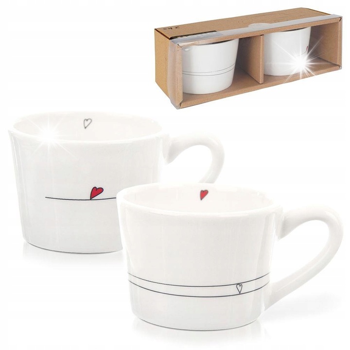 Set 2 cani ceramice Orion, alb, 200ml, 8,5x6cm, cu motive de linii si inimioare