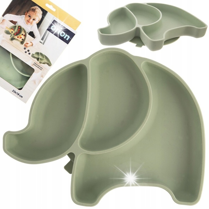 Orion gyermek tányér, szilikon, zöld, 23,5x19x3,5cm, csúszásgátló tapadókoronggal, osztott