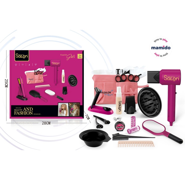 Mamido Gyermek fodrászkészlet hajszárítóval és hajcsavaróval, rózsaszín MT1408