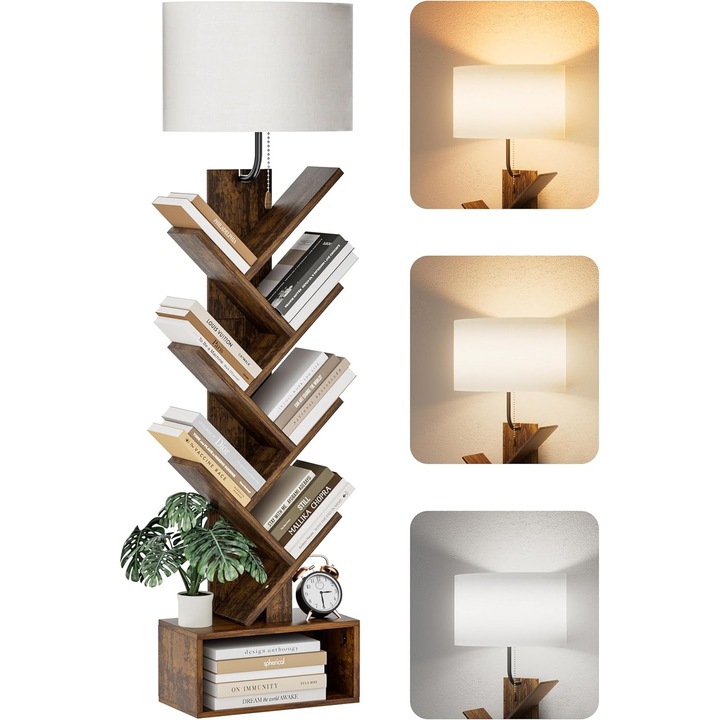 Lampadar raft de carti In Forma de copac, lampa de podea modern, raft independent cu 6 niveluri, bec LED 9W inclus, lumina reglabila in 3 culori, conexiune E26, putere 60W, 38x20x147cm, pentru sufragerie si dormitor, maro