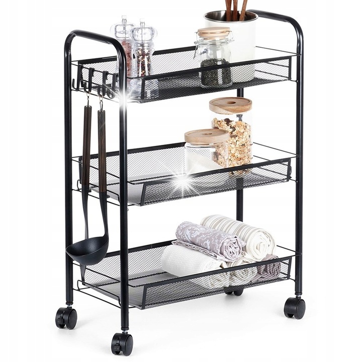 Vilde 3 szintes gurulós állvány, fém, fekete, 44x26x63cm