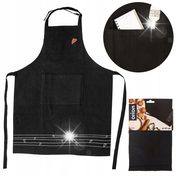 Fartuch bucatarie Orion, model cu inimioare, negru, 87x70cm, cu buzunar